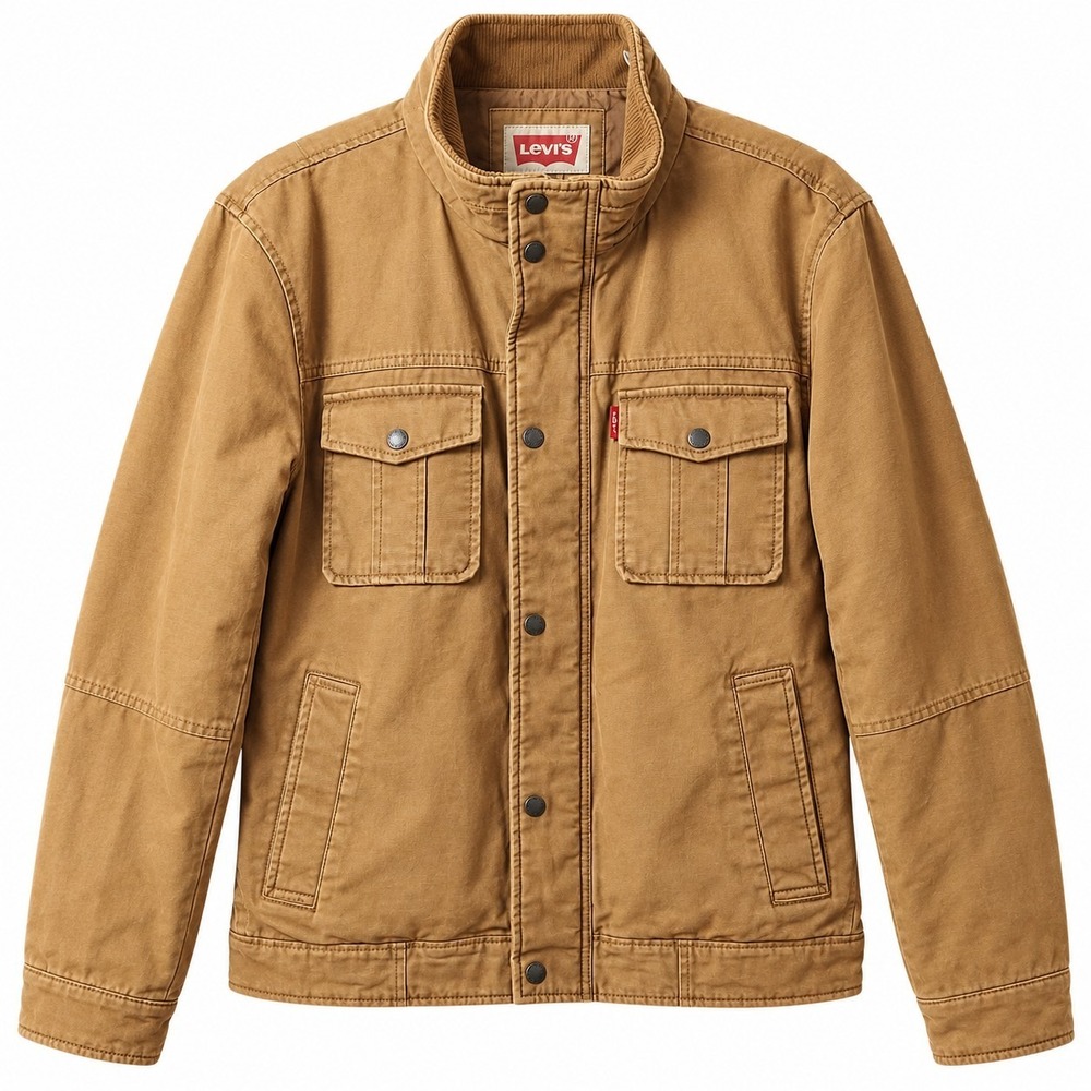 LEVI'S Canvas Trucker Jacket Mens Sz L Khaki Brown Quilt Lined Workwear Durable